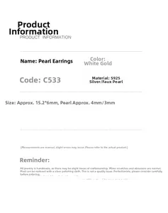 Detailed size chart for S925 silver pearl earrings in white gold finish with dimensions