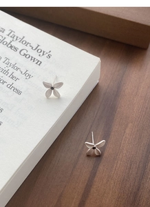 Macro detail of silver butterfly studs with matte finish and black stone on a book