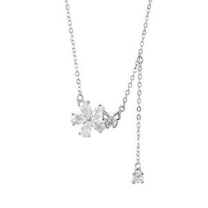Elegant S925 sterling silver necklace featuring a sparkling pavé flower and hollow butterfly