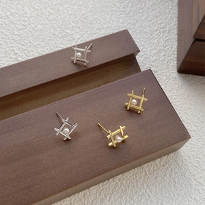 Geometric Grid Stud Earrings With 925 Sterling Silver Earring Post Faux Artificial Pearl Minimalist Hollow Line Earrings For Women Daily Jewelry