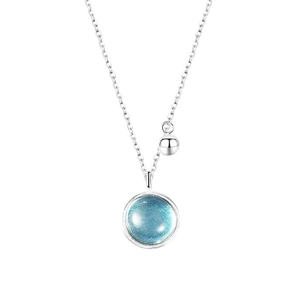Minimalist S925 sterling silver necklace with a round sea blue gemstone pendant