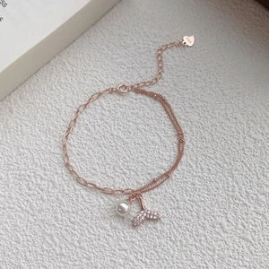 Bracelet élégant en argent S925 avec perle et queue de poisson en or rose et zircon