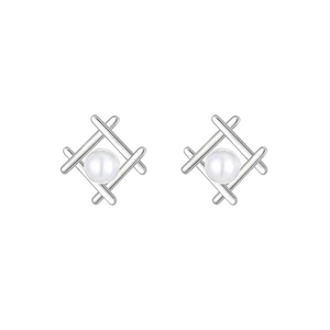 Elegant S925 sterling silver geometric square earrings with a lustrous white pearl center