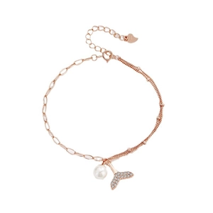 Bracelet S925 argent rose doré avec perle, queue de poisson en zircon et chaînes triples