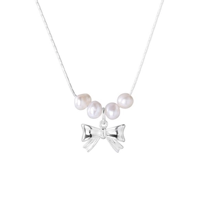 Collier chic en argent S925 avec quatre perles d'eau douce roses et pendentif nœud poli