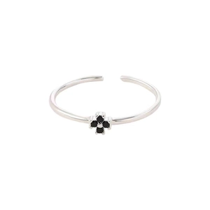 Bague ajustable en argent S925 avec motif fleur en zircon noir au design minimaliste