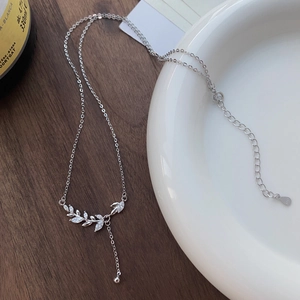 S999 Sterling Silver Wheat Ear Leaf Pendant Necklace With Zircon Tassel Adjustable Clavicle Chain Elegant Jewelry For Women