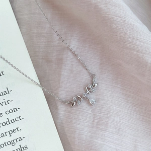 Elegant 925 Sterling Silver Wheat Ear Necklace Cubic Zirconia Water Drop Pendant Leaf Branch Neck Chain For Women Jewelry