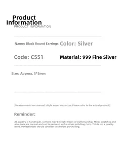 Spécifications des boucles d'oreilles rondes noires en argent 999, dimensions de 5x5mm
