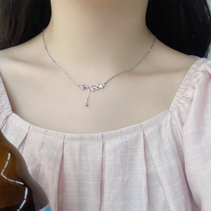 S999 sterling silver wheat ear necklace with zircons worn on model neck