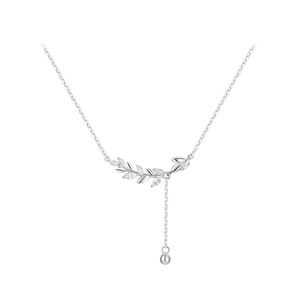 S999 Sterling Silver wheat ear necklace with leaf pendants and sparkling zircon stones