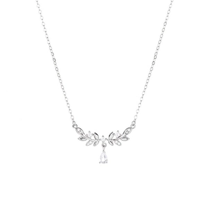 Elegant S999 silver wheat ear necklace with olive branch pendant and pear-cut stone