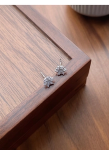 Macro detail of S925 sterling silver snowflake earrings with sparkling zircon stones
