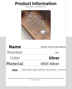Dettaglio delle dimensioni del pendente a cuore in argento S925 e specifiche della collana
