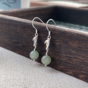 Elegant S925 silver bamboo leaf earrings with Nephrite Jade beads in vintage style