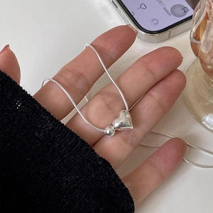 S925 Sterling Silver Heart Pendant Necklace For Women Minimalist Snake Chain Round Bead Clavicle Chain Classic Jewelry Gift