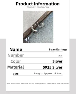 Detail view of S925 sterling silver bean stud earrings showing 17.3mm length and polished finish