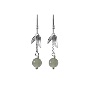 Elegant S925 sterling silver bamboo leaf earrings with green Hetian jade beads
