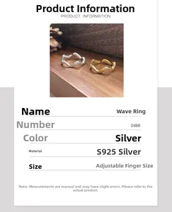 Detail view of the S925 sterling silver wave ring with adjustable open band design