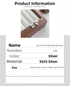 Detail showing S925 sterling silver lily of the valley bow earring dimensions and texture