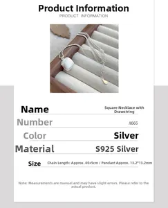 Guide des tailles pour collier carré en argent S925 avec dimensions du pendentif