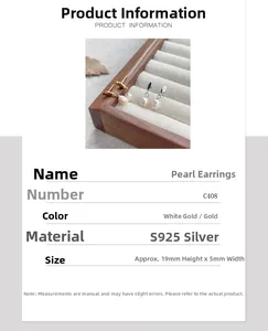 Détails et dimensions des boucles d'oreilles perles en argent S925, hauteur 19mm et largeur 5mm