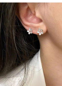 Close-up of minimalist S925 sterling silver hollow flower stud earrings worn on ear