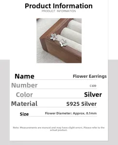 Detailed product specifications for S925 sterling silver flower stud earrings with dimensions