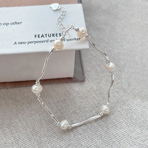 S925 Sterling Silver Freshwater Pearl Wave Bracelet For Women Minimalist Cold Style Geometric Heart Charm Adjustable Hand Chain Jewelry