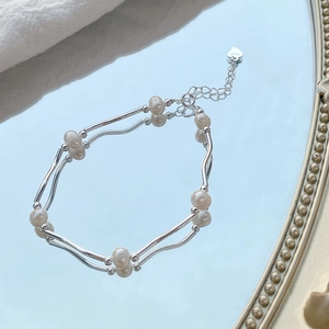 S925 sterling silver freshwater pearl wave tube bracelet with a double-layered design