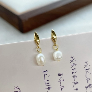Boucles d'oreilles pendantes en perles d'eau douce et feuille d'or argent S925 pour femme
