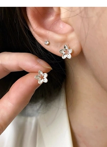 Close-up of S925 sterling silver hollow flower stud earring worn on earlobe