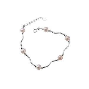 Elegant S925 silver wavy bracelet featuring six round pink freshwater pearls and heart charm