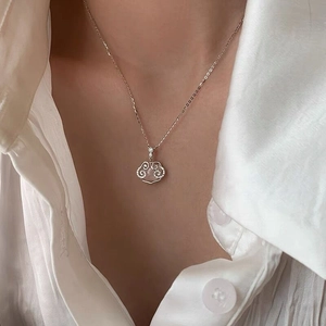 925 Sterling Silver White Chalcedony Ruyi Lock Necklace For Women Vintage Chinese Style Rhinestone Longevity Lock Clavicle Chain Jewelry Gift