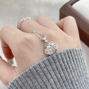 S925 sterling silver Ruyi pendant necklace with chalcedony gemstone and matching ring set