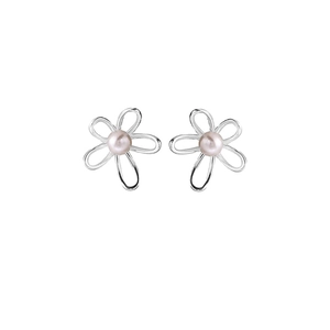 Orecchini a lobo a fiore in argento S925 minimalisti con eleganti perle da donna