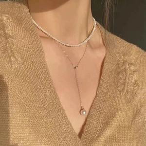 Élégant collier en argent S925 à plusieurs rangs en Y avec perles et chaîne dorée