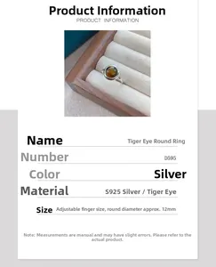 Detailed macro view of S925 sterling silver tiger eye ring with adjustable band and size info