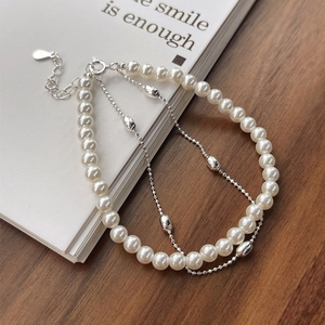 Double Layered 925 Sterling Silver Bracelet With Imitation Artificial Pearl Minimalist Elegant Aesthetic Jewelry For Women