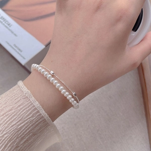 Elegant S925 sterling silver double-layer bracelet with pearls and delicate silver beads
