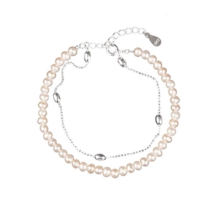 Double-layered S925 sterling silver bracelet with faux pearls and oval metal beads