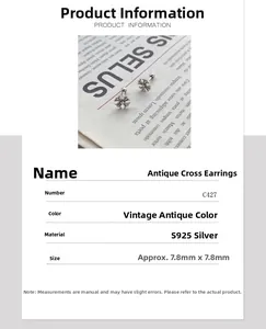 Macro shot of S925 sterling silver cross studs with vintage finish and 7.8mm dimensions