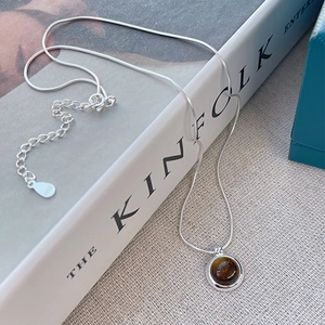 S925 Sterling Silver Necklace For Women Round Tiger's Eye Pendant Geometric Snake Bone Chain Minimalist Clavicle Necklace Jewelry