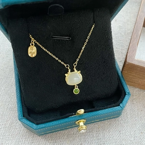 Collier Pendentif Dragon en Argent Sterling 925 Plaqué Or et Jade Hetian pour Femme Style Chinois Étiquette de Chance Bijoux