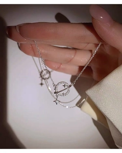 Detail of S925 silver planet necklace with hollow Saturn pendant and sparkling zircons