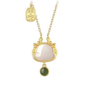 Collier dragon en argent S925 avec pendentif en jade blanc et perle verte porte-bonheur