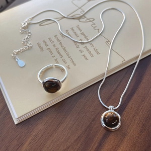 Vintage S925 silver jewelry set with round tiger eye stone necklace and open ring