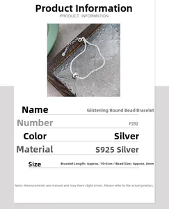 Detail card of S925 silver shimmering bead bracelet with 8mm ball and adjustable chain
