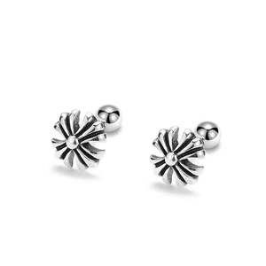 Retro S925 sterling silver cross flower stud earrings with screw backs for men and women