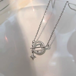 S925 sterling silver hollow planet necklace with sparkling star pendant and T-bar toggle clasp